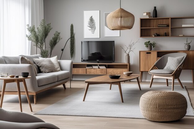 Interieur ontwerp van moderne scandinavische appartement woonkamer 3D-rendering