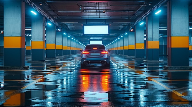 Interieur Parkeerplaats Reclame Mockup Winkelkarretjes geparkeerde auto's Vuilnisbak