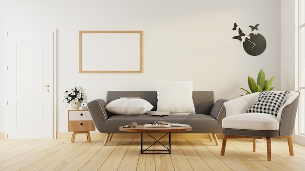 Interieur poster mock up woonkamer met grijze bank. 3D-weergave.