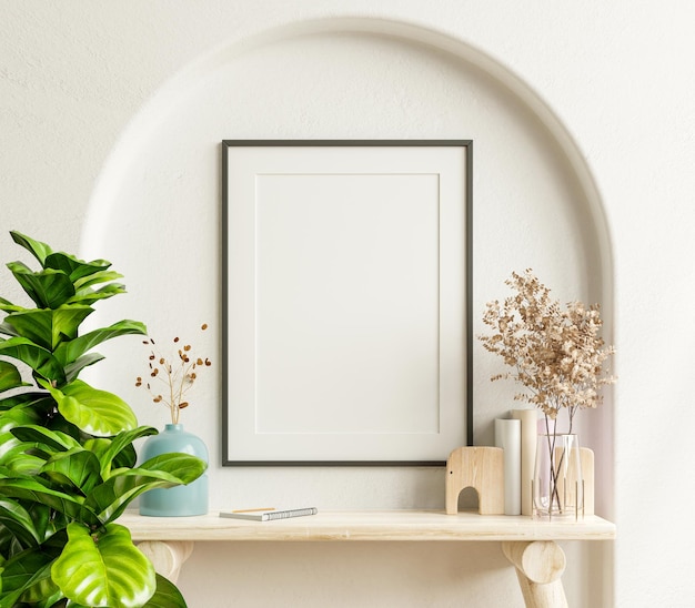 Interieur poster mockup met verticaal zwart frame in interieur achtergrond.3D-rendering