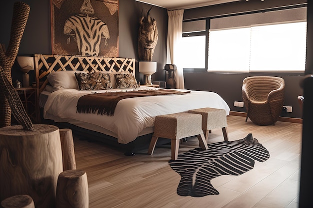 Interieur slaapkamer in Afrikaanse stijl met modern bed Generatieve AI-inhoud