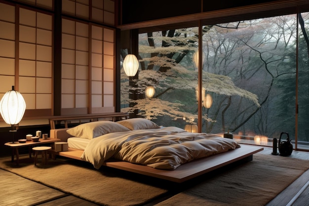 Interieur slaapkamer in Japanse stijl warm en gezellig met houten decoratie Traditionele stijl Generatieve Ai