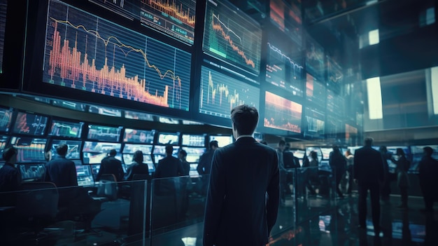 Interieur van bruisende beurs met actieve handelaren en schermen met financiële gegevens Generatieve AI
