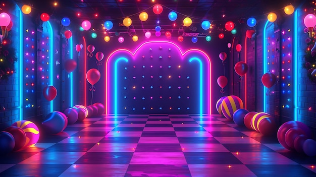 Interieur van Carnival Funhouse Room met Gekke Clowns en Tricks of Light VR Concept Idea Neon Glow