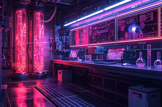 Interieur van cybernetisch laboratorium met gloeiende testbuizen Computer Termi Layout Design Concept VR