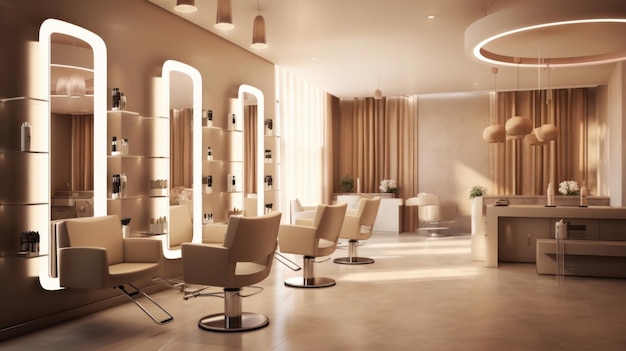 Interieur van de beige salon interieur met stoelen in rij en cosmetica op de plank spiegels kapsalon en schoonheidssalon