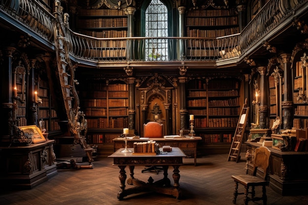 Interieur van de bibliotheek van de Universiteit van Cambridge Engeland Een enorme bibliotheek gevuld met rijen oude boeken en rollen AI gegenereerd