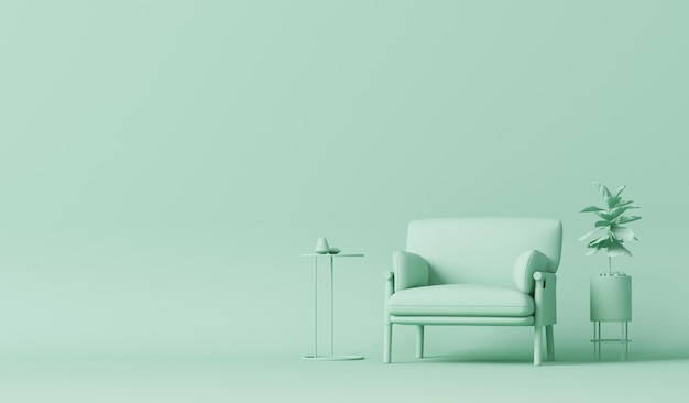Interieur van de kamer in effen zwart-wit groene kleur met airmchair bank en tafel 3d render