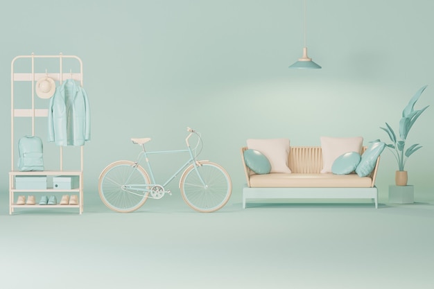 Interieur van de kamer in pastelblauwe en groene kleur met meubels en kameraccessoires 3d render