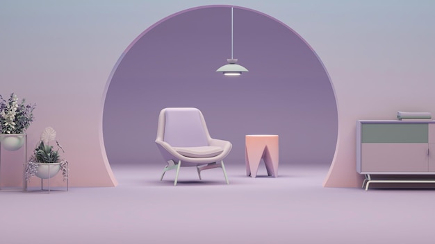 Interieur van de kamer in pastelroze paarse kleur met meubels en kameraccessoires Creatief