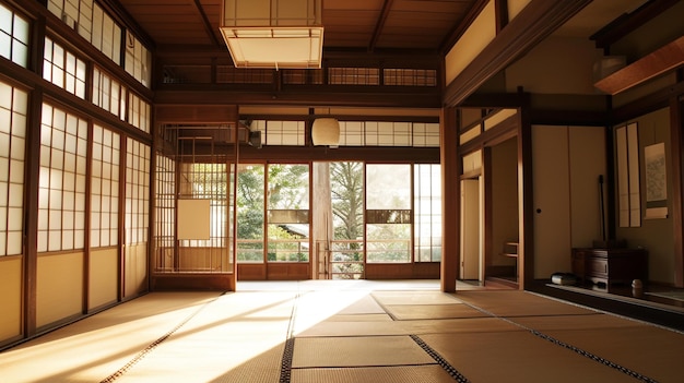 Interieur van de kamer met traditionele Japanse symbolen op deuren Ai Generative