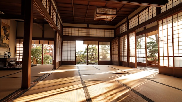 Interieur van de kamer met traditionele Japanse symbolen op deuren Ai Generative