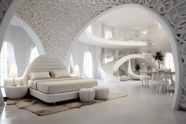Interieur van de luxe en extravagante hotel suite met groot bed