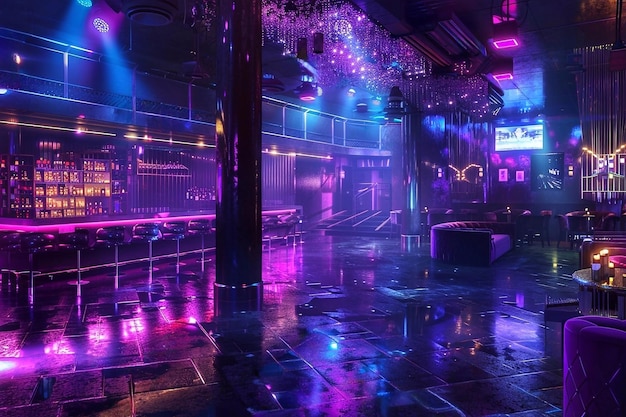 Interieur van de nachtclub met neonverlichting