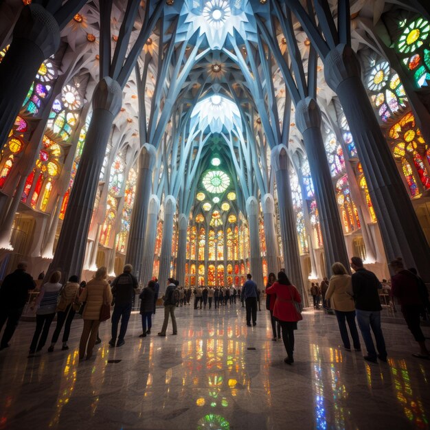 Foto interieur van de sagrada familia met toeristen