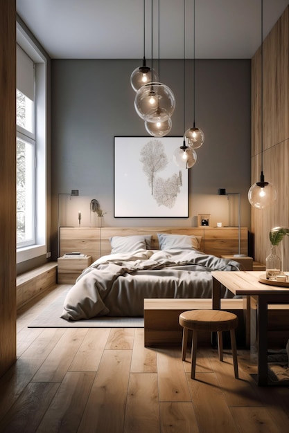 Foto interieur van de slaapkamer in een modern huis in scandi-stijl