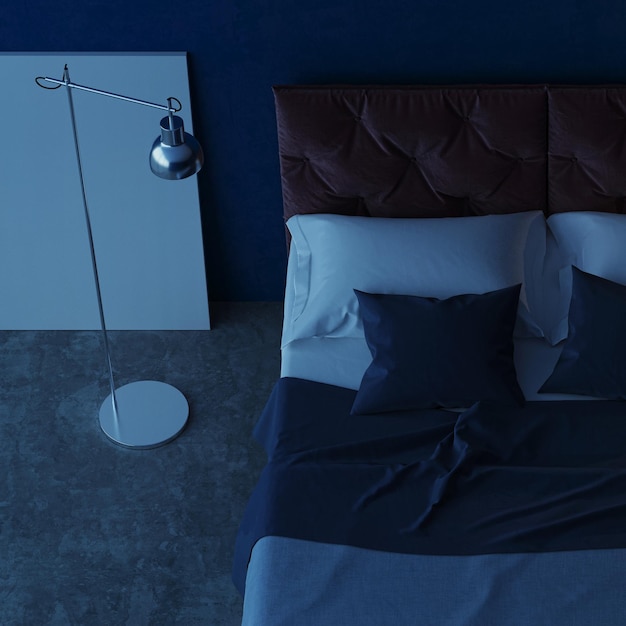 Interieur van de slaapkamer met blauwe muren. Avond verlichting. Nacht. 3D-weergave.