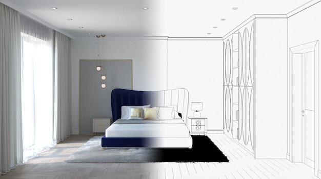 interieur van de slaapkamer visualisatie 3D illustratie cg render