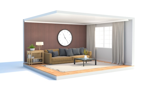 Interieur van de woonkamer. 3D-afbeelding