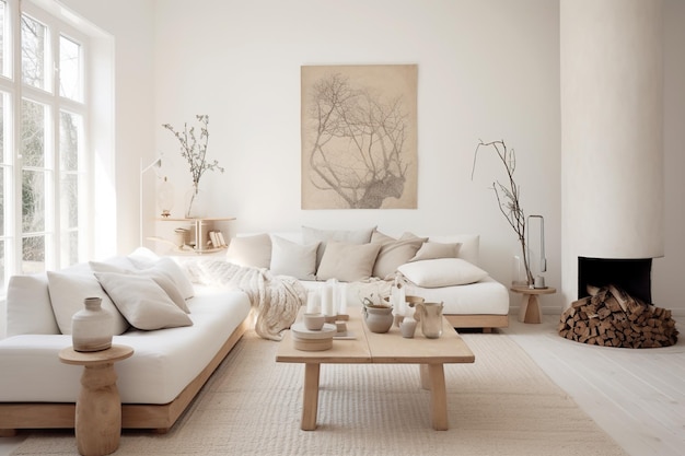 Foto interieur van de woonkamer in scandinavische minimalistische stijl met open haard generatieve ai concept van eco huisontwerp decor hedendaagse woning modern huis