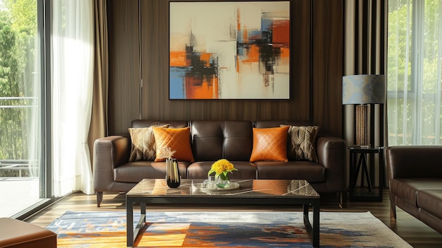 Interieur van de woonkamer met bruine lederen meubels en abstracte schilderijen op donkere houten muren modern huisontwerp Concept van appartement stijl decoratie kunst