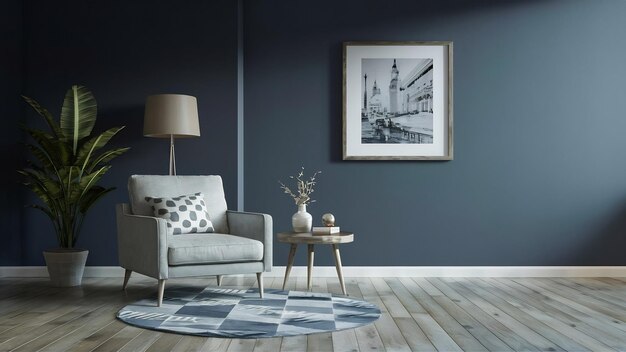 Foto interieur van de woonkamer met fauteuil op een lege donkerblauwe muur achtergrond3d rendering