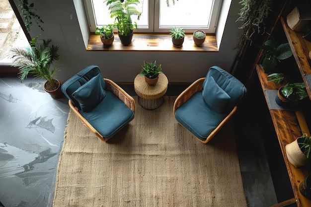 Interieur van de woonkamer met fauteuils van bovenaf