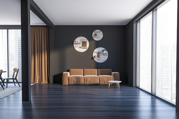 Interieur van de woonkamer met grijze muren, zwarte houten vloer, panoramisch raam en beige bank in de buurt van ronde salontafel. Originele ronde planken erboven. 3D-weergave