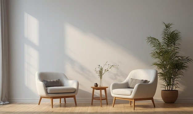 Interieur van de woonkamer met stoelen van stof en planten op een lege achtergrond