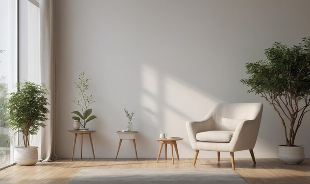 Interieur van de woonkamer met stoelen van stof en planten op een lege achtergrond