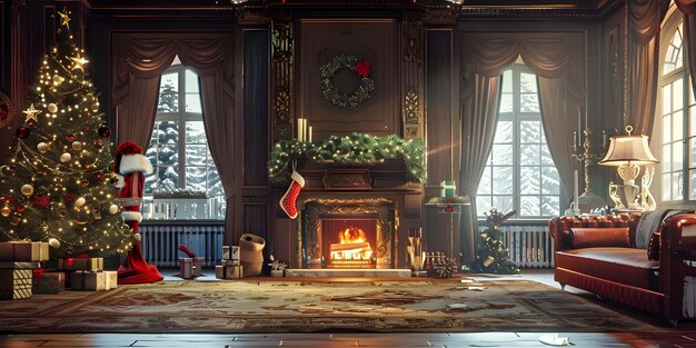 Foto interieur van de woonkamer met versierde open haard en achtergrond van de kerstboom ai generated