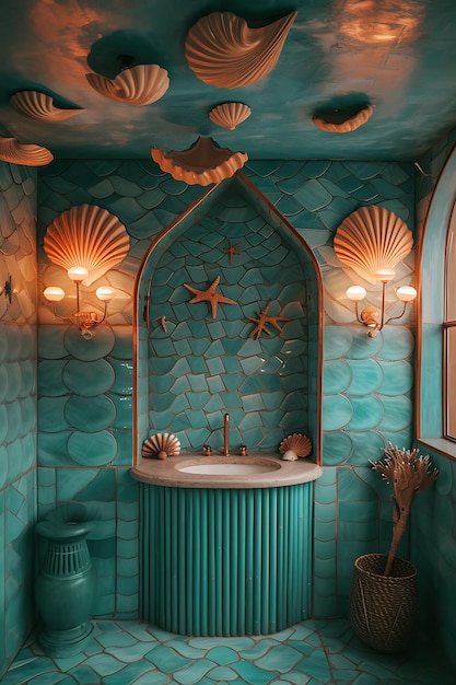 Interieur van een badkamer met een zeemeermin-thema met schelpvormige tegels