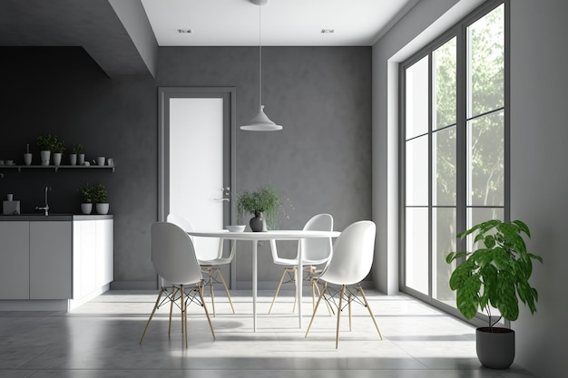Interieur van een eetkamer met grijze muren een betonnen vloer een groot raam een glazen tafel en witte stoelen In de verte is een keuken een kopie