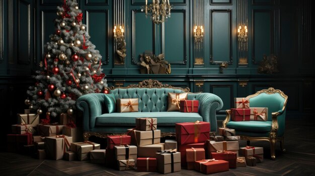 Interieur van een elegante woonkamer versierd met een kerstboom en kerstcadeautjes