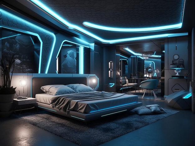 Interieur van een futuristische luxe slaapkamer met bed, neonverlichting, muurverf en plafondontwerp