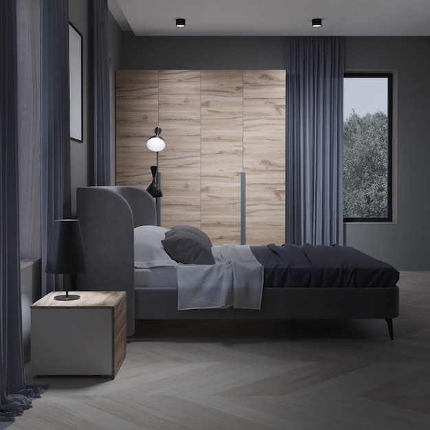 Interieur van een gezellige slaapkamer in modern design 3D-rendering