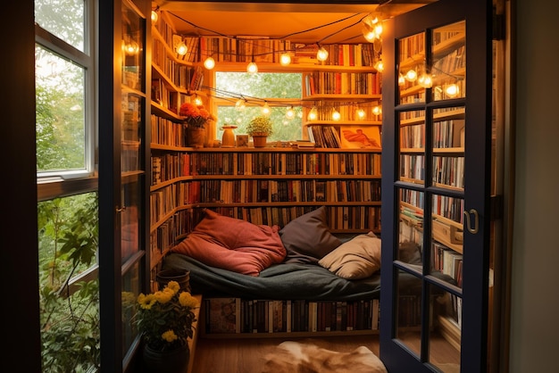 Interieur van een gezellige woonkamer met boekenplanken en een bank