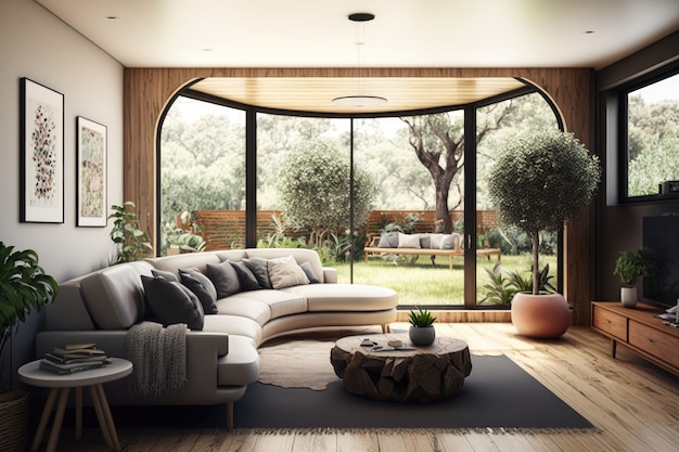 Interieur van een goed ontworpen woonkamer met uitzicht op de tuin