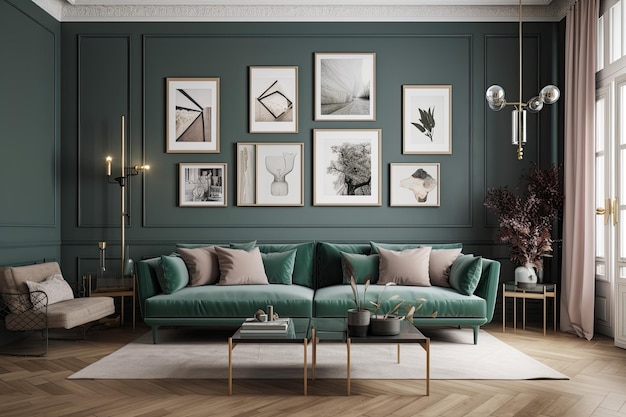 Interieur van een groene woonkamer met een op de muur gemonteerde postergalerij Er is een koffietafel met een kop koffie en een beige bank een mockup