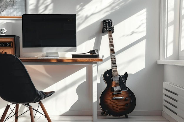 Interieur van een hedendaagse tienerkamer met een bureaublad en gitaar Generatieve AI