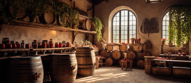 Foto interieur van een italiaanse wijnmakerij met eiken vat voor het rijpen van rode wijn