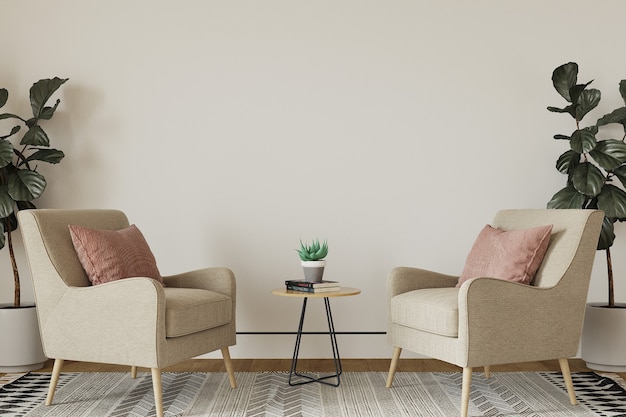 Interieur van een kamer met fauteuil en bloemen