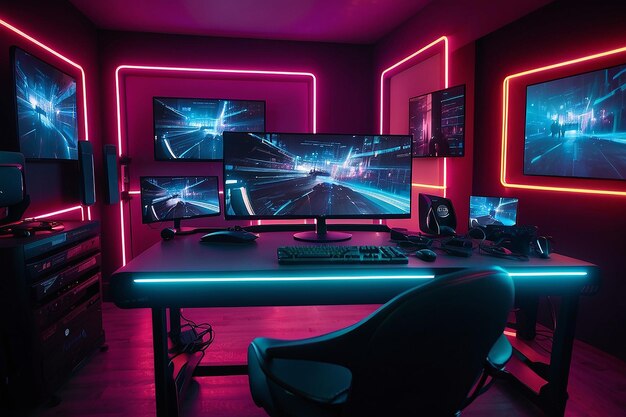 Interieur van een kamer met neon effect gaming bureau en schermen