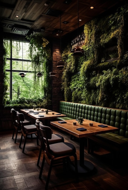 Interieur van een leeg restaurant met uitzicht en een wanddecoratie van gras Generatieve AI