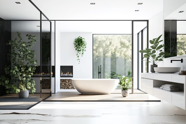 Interieur van een luxe moderne huisbadkamer met een glazen badplank en raam