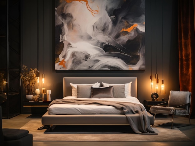 Interieur van een luxe slaapkamerontwerp met bedlampen en abstracte schilderkunst