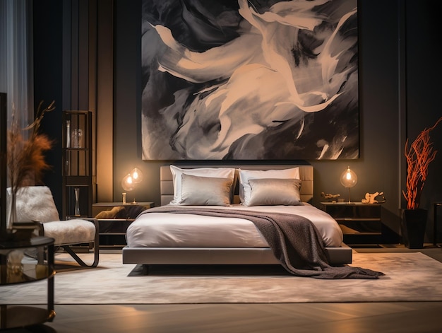 Interieur van een luxe slaapkamerontwerp met bedlampen en abstracte schilderkunst