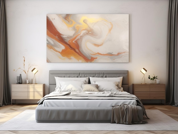 Interieur van een luxe slaapkamerontwerp met bedlampen en abstracte schilderkunst