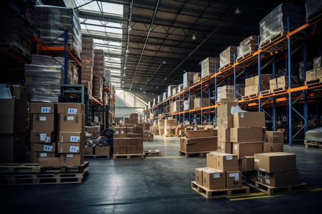 Interieur van een magazijn met een pallettruck in de buurt van planken Generatieve AI-illustratie