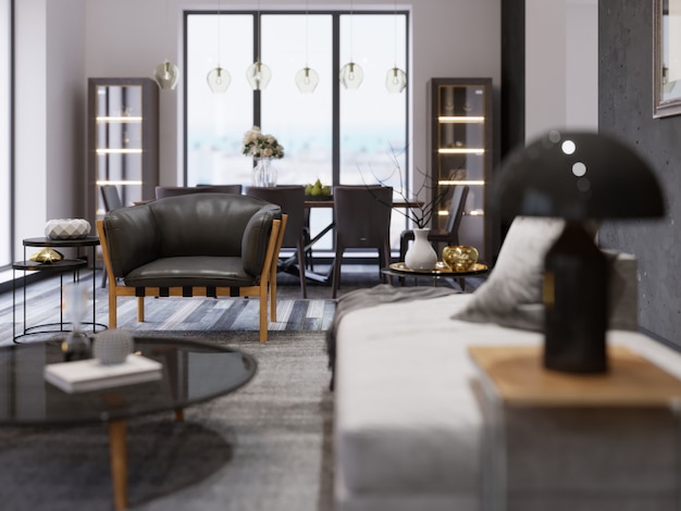 Interieur van een modern studio-appartement met een eethoek en een eettafel. zwarte design fauteuil in loftstijl. scherptediepte-effect. 3d-rendering